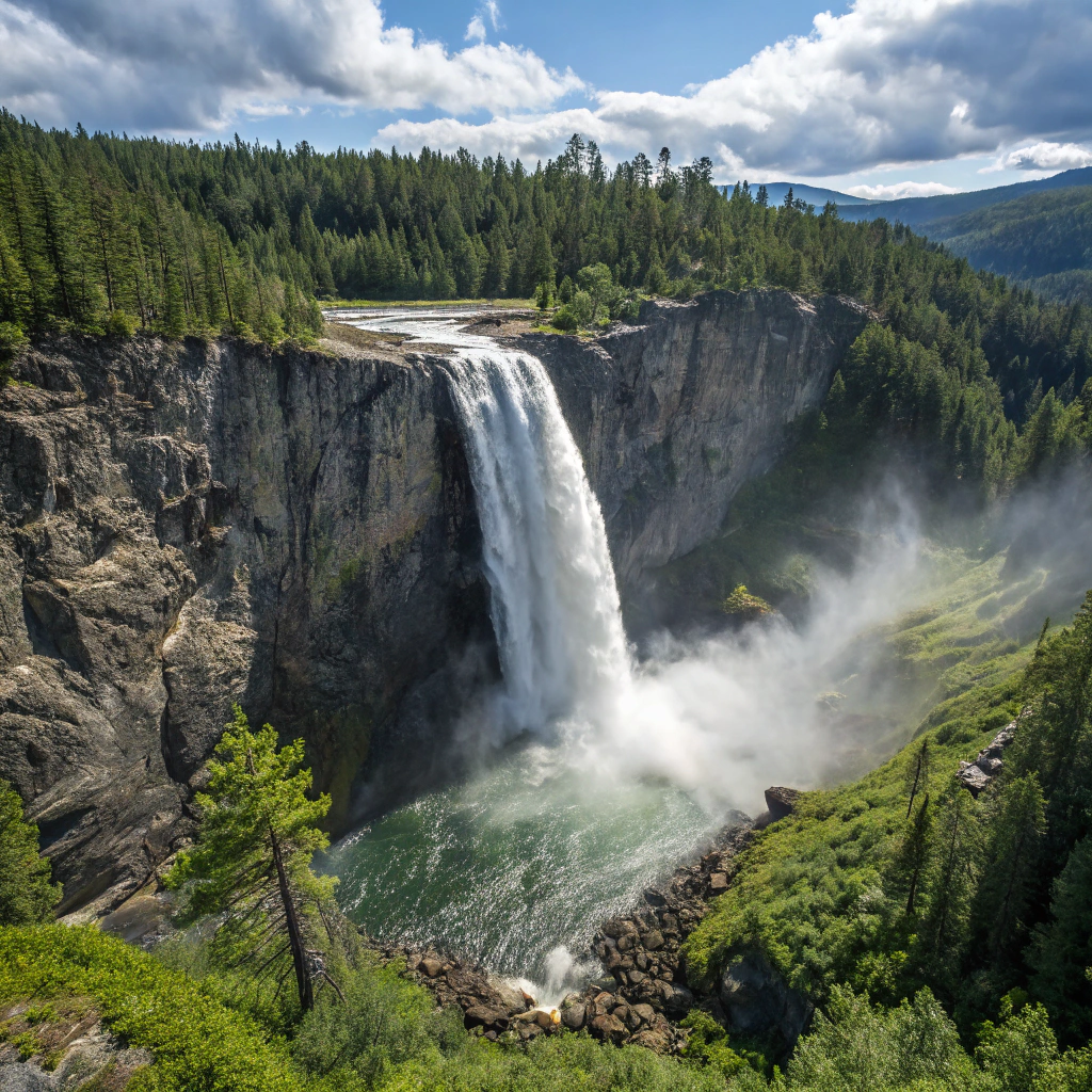 Cascading waterfall carving through dense temperate rainforest canopy