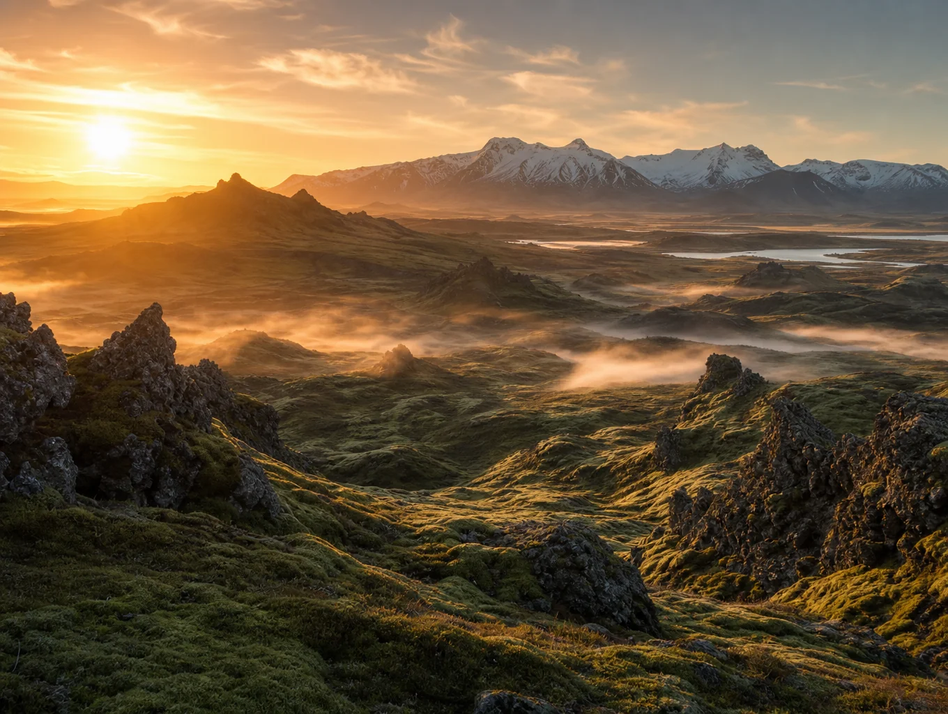 Mossy volcanic tundra under the soft glow of midnight sun