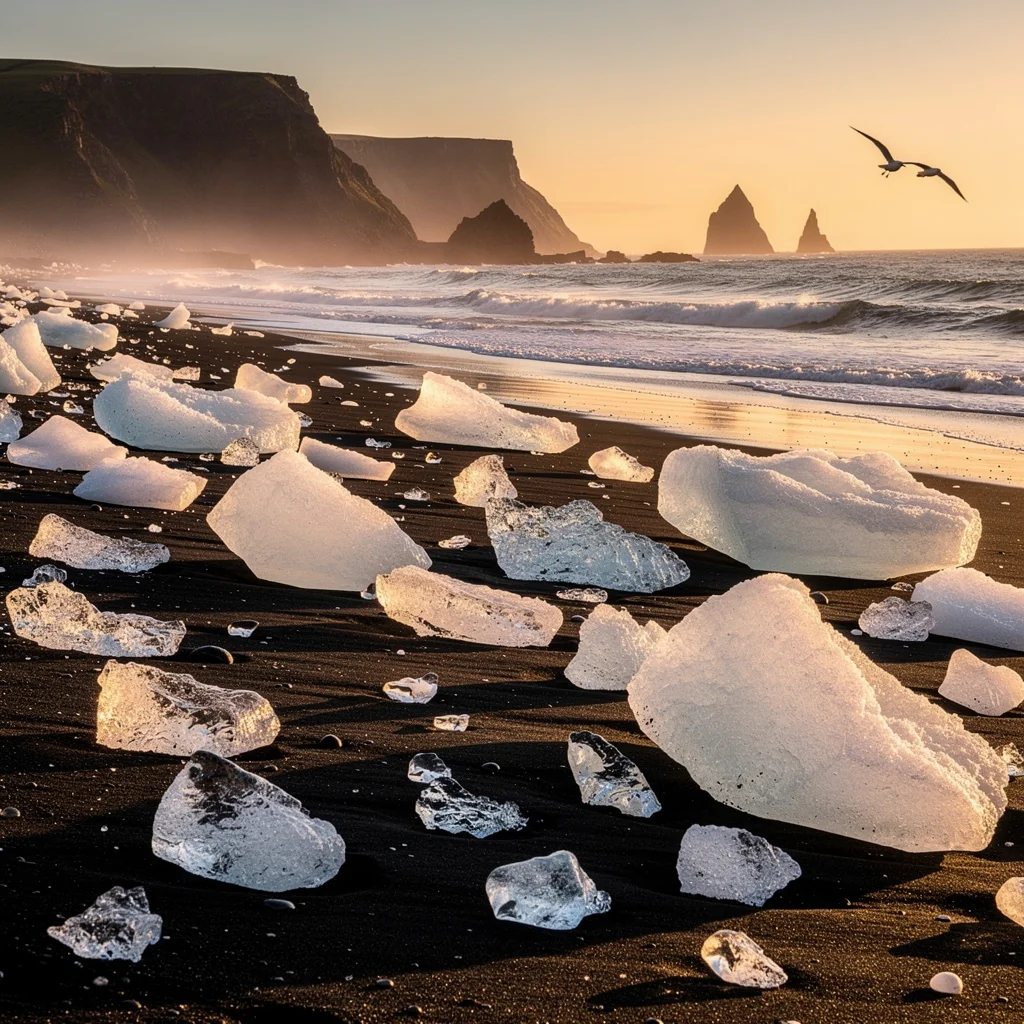 Translucent iceberg fragments stranded on volcanic black sand beach
