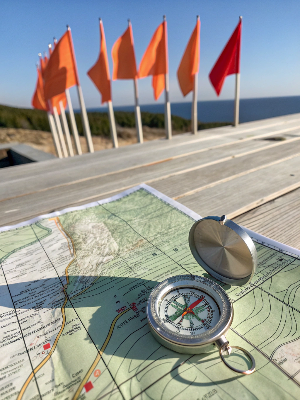 Topographic map and compass on a rocky surface