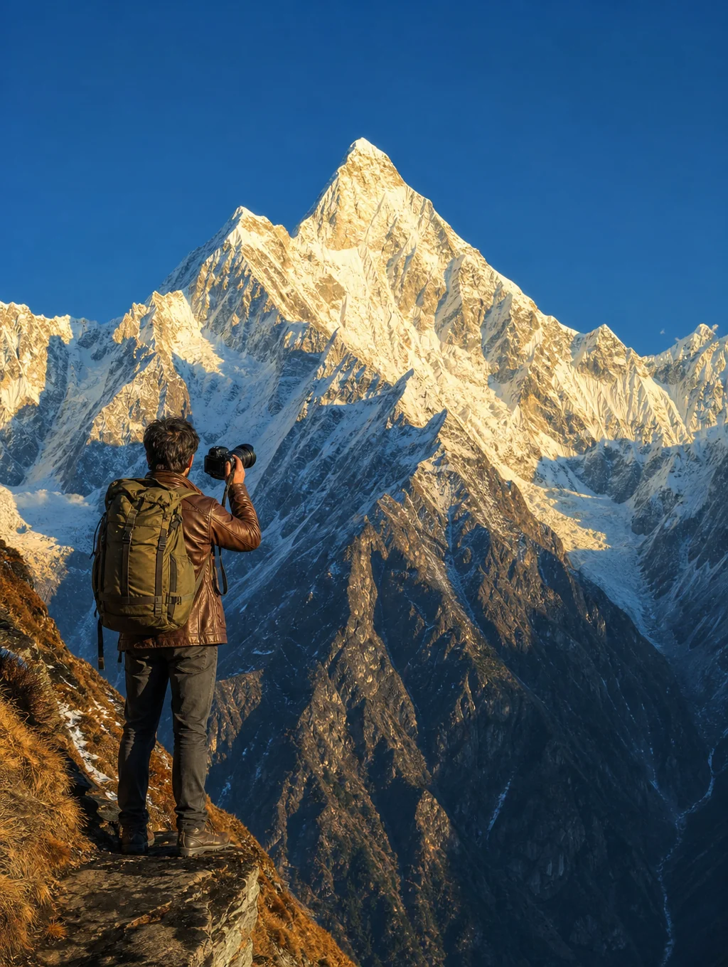Photographer hiking through a rugged mountain pass