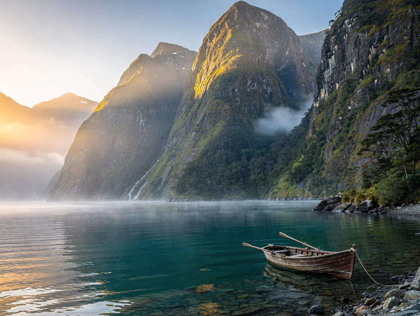 Milford Sound sea cliffs rising into morning mist and calm fiord waters