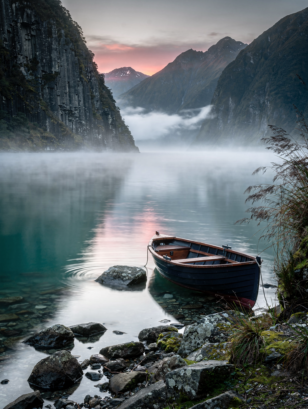 Fiordland mountain peaks shrouded in morning mist in New Zealand