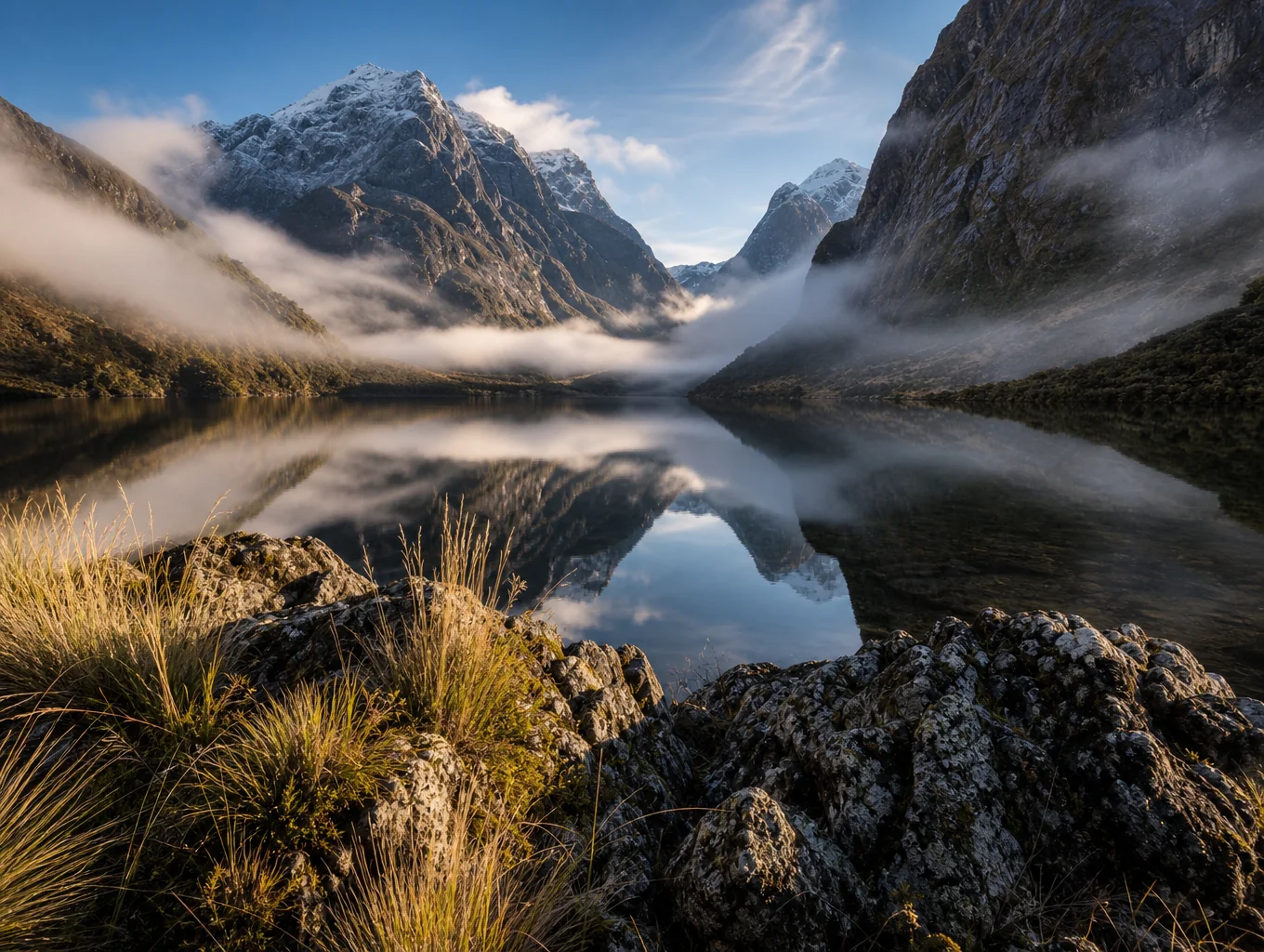 Lush green temperate rainforest meeting deep blue glacial fjords