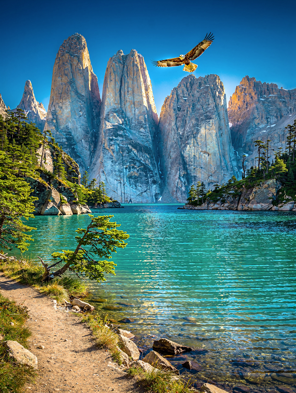 Towering granite peaks of Cuernos del Paine in Patagonia at sunrise
