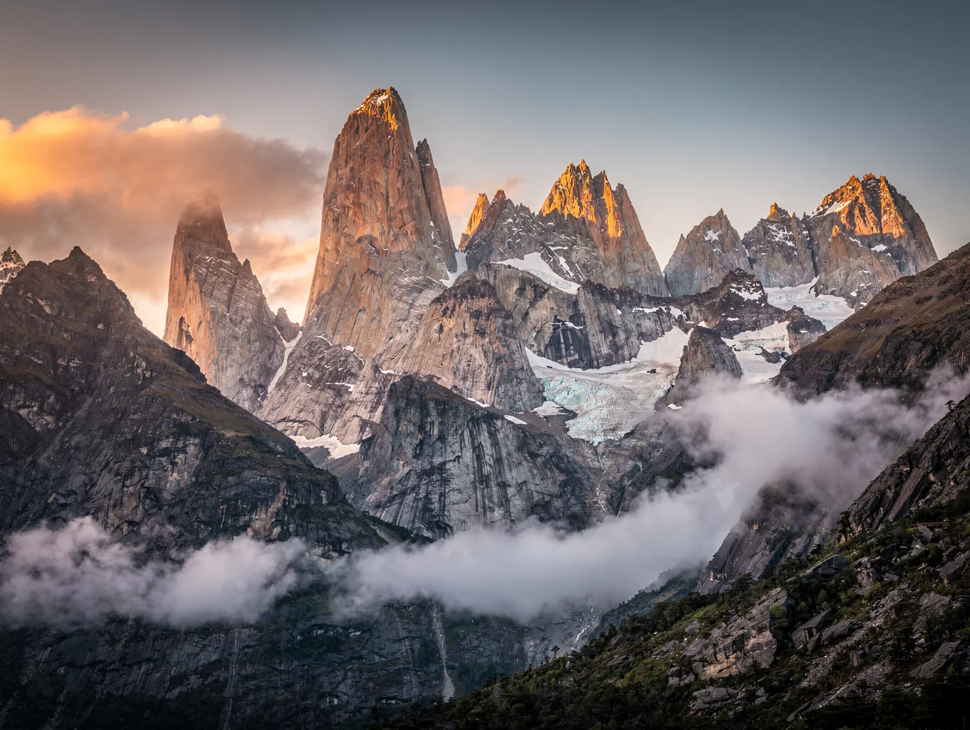 Jagged granite spires of Patagonia under golden morning light
