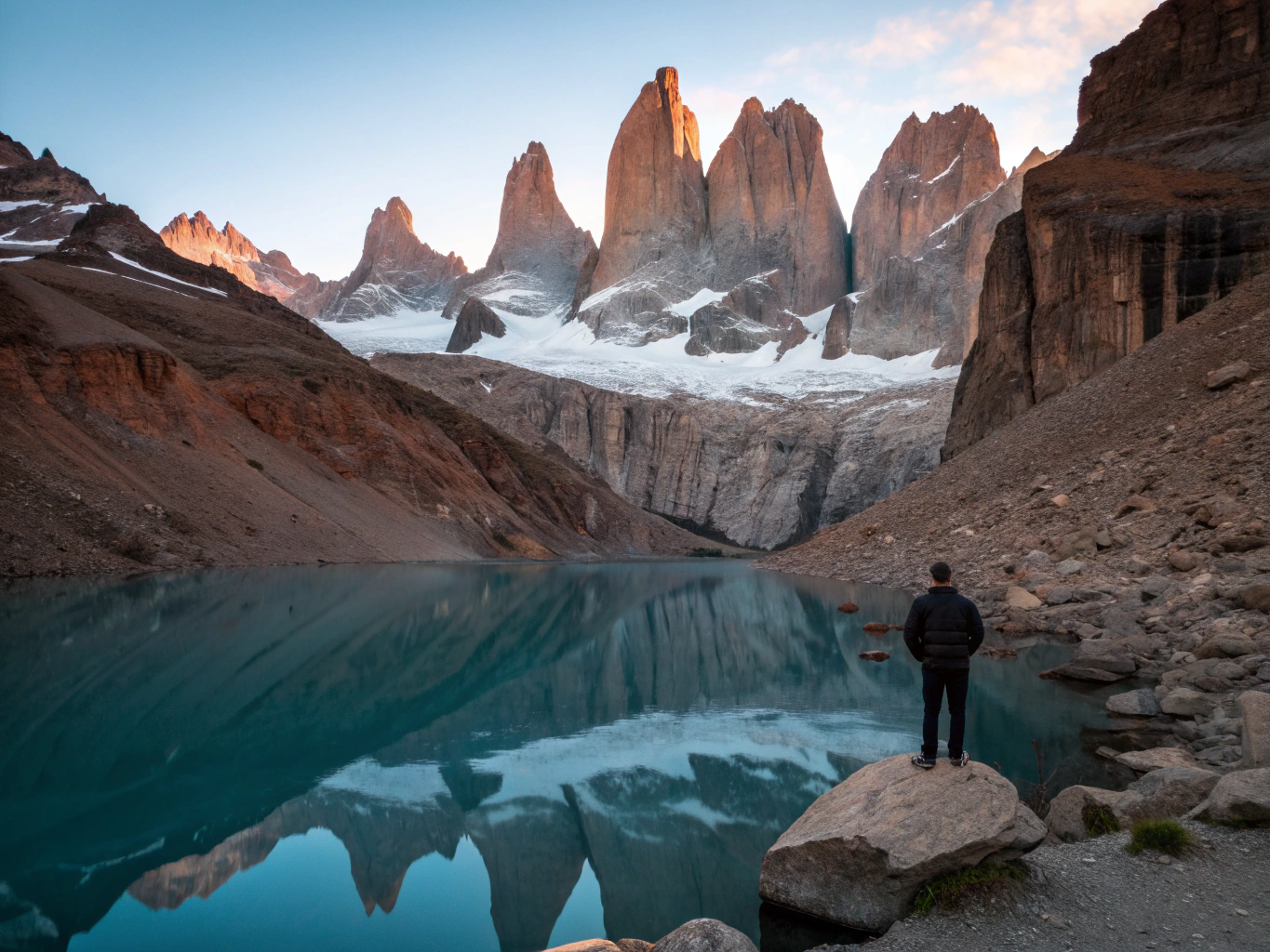Cuernos del Paine reflecting in wind-rippled glacial turquoise lake